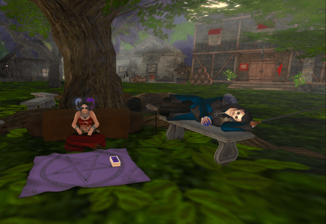 I flew to Mysthaven, where I found Dyisi casting cards and Lilacor reclining on a bench.