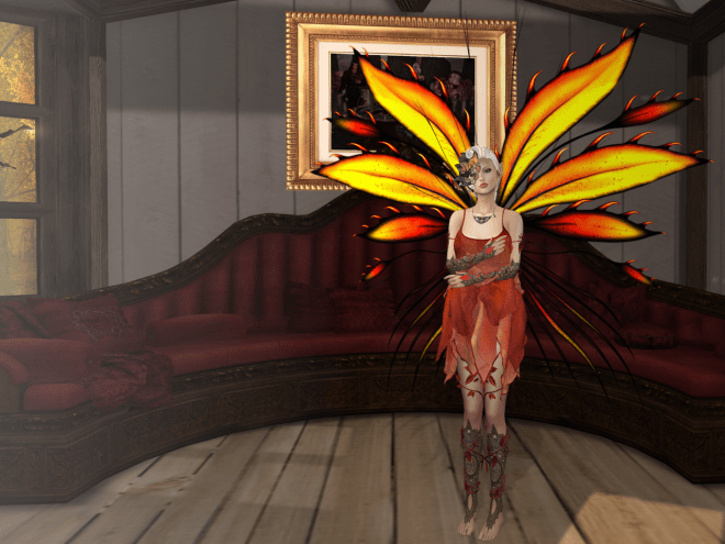 Inside, my familiar old couch—we call her "Justine".