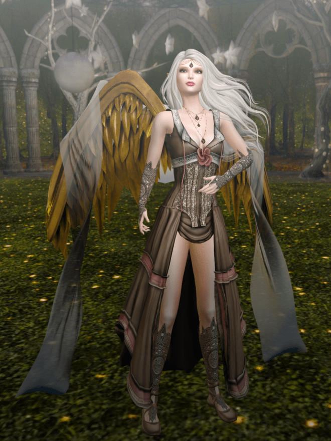 Now bring her wings of gold and white, and cast her face like stone