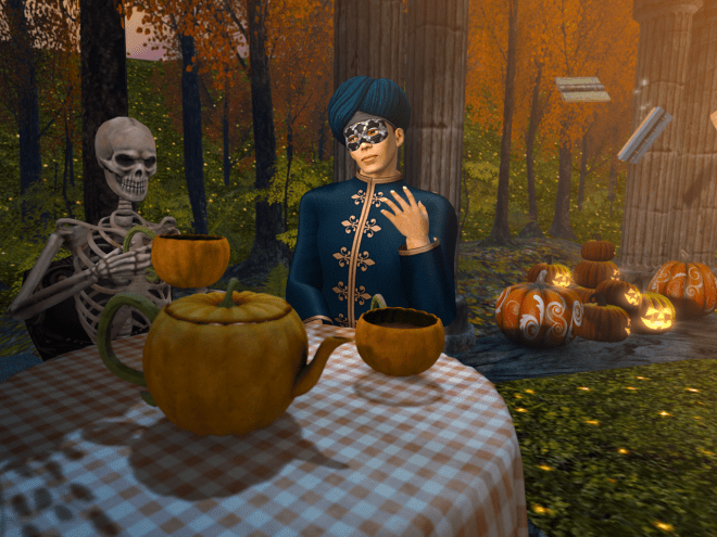 Nathaniel having a drink with a skeleton. Wren says he's probably talking about that time he used to be on a boat.